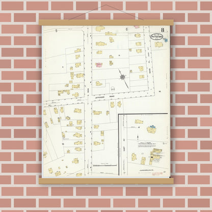 Old map wall art mockup — magnetic wood frame on brick wall — Sanborn Fire Insurance Map from Pittsford, Monroe County, New York (1912), Sheet #0008