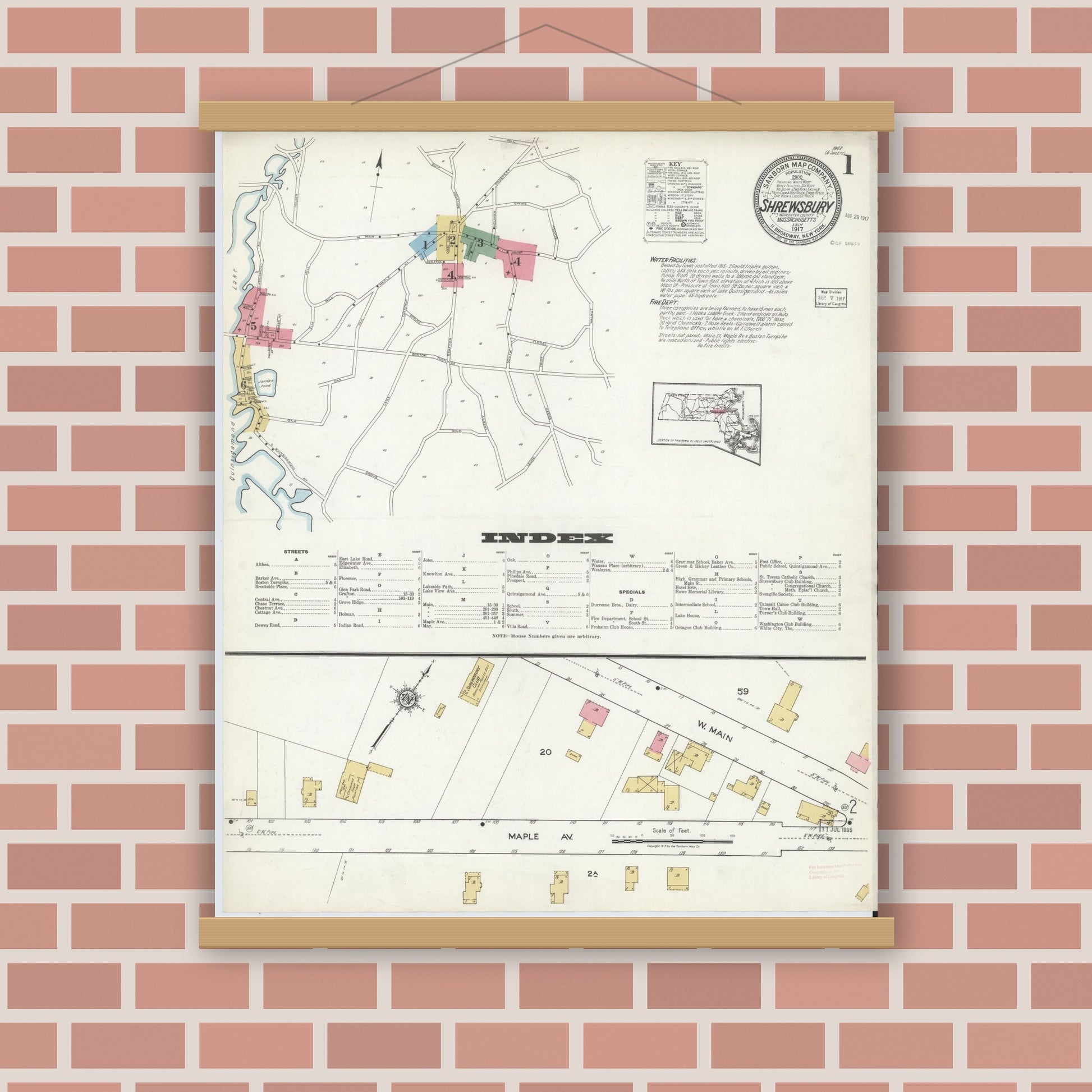 Old map wall art mockup — magnetic wood frame on brick wall — Sanborn Fire Insurance Map from Shrewsbury, Worcester County, Massachusetts (1917), Sheet #0001
