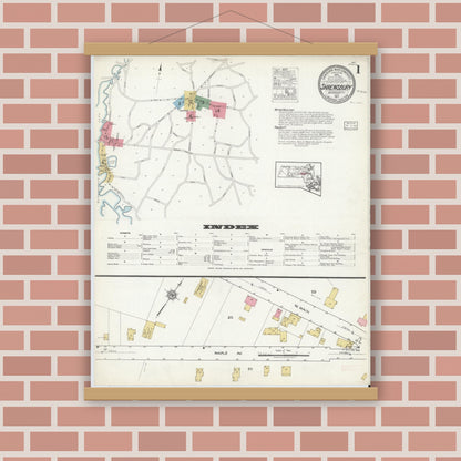 Old map wall art mockup — magnetic wood frame on brick wall — Sanborn Fire Insurance Map from Shrewsbury, Worcester County, Massachusetts (1917), Sheet #0001