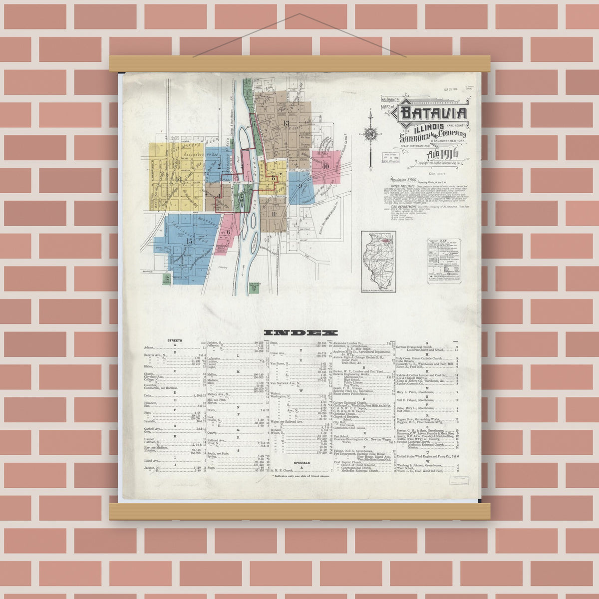 Old map wall art mockup — magnetic wood frame on brick wall — Sanborn Fire Insurance Map from Batavia, Kane County, Illinois (1916), Sheet #0001