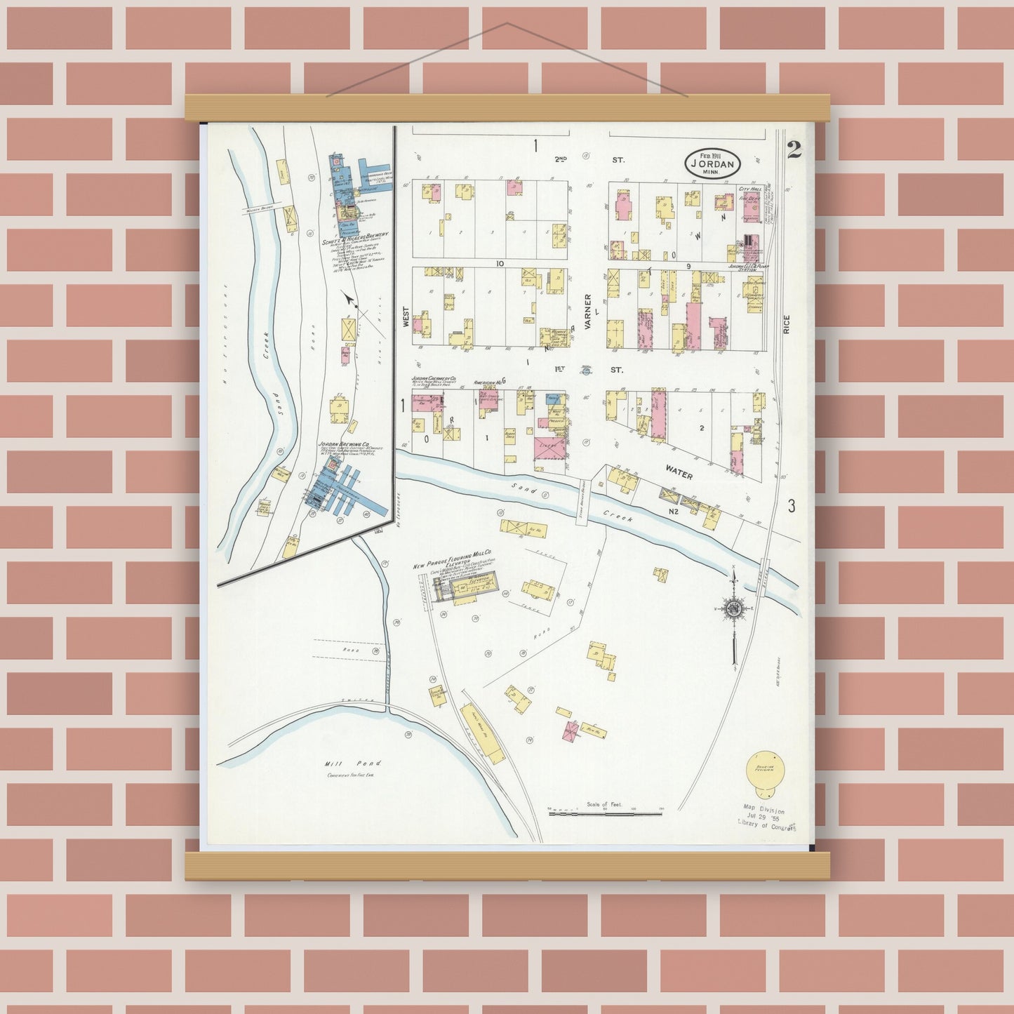 Old map wall art mockup — magnetic wood frame on brick wall — Sanborn Fire Insurance Map from Jordan, Scott County, Minnesota (1911), Sheet #0002