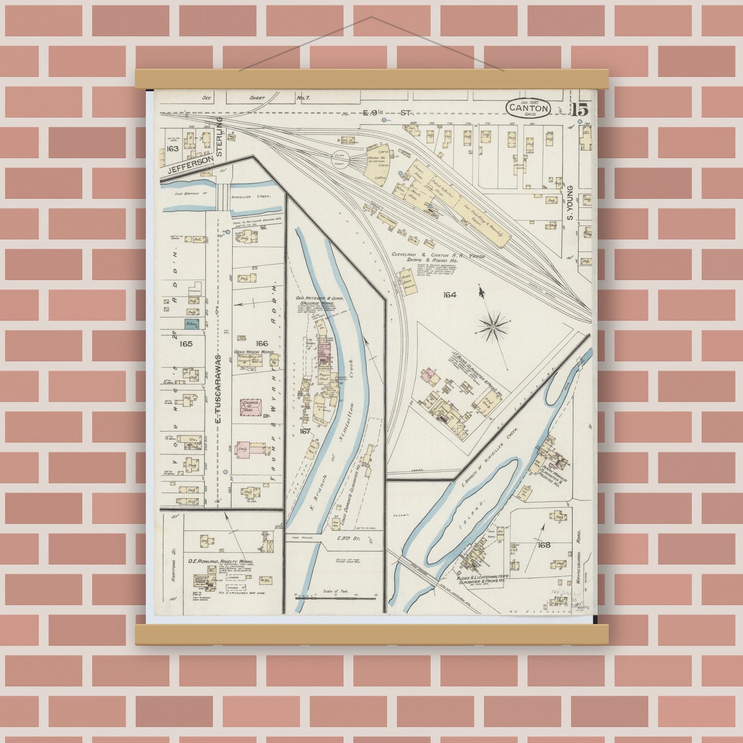 Old map wall art mockup — magnetic wood frame on brick wall — Sanborn Fire Insurance Map from Canton, Stark County, Ohio (1887), Sheet #0015