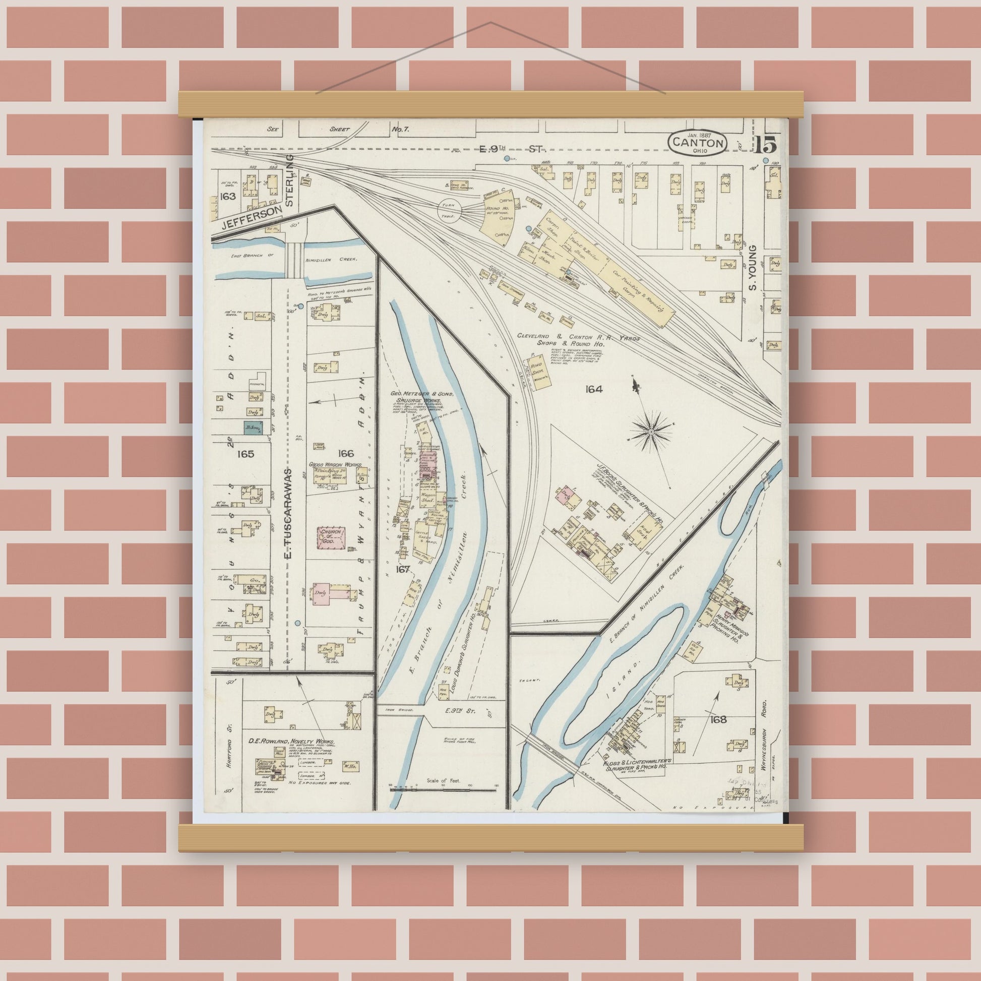Old map wall art mockup — magnetic wood frame on brick wall — Sanborn Fire Insurance Map from Canton, Stark County, Ohio (1887), Sheet #0015