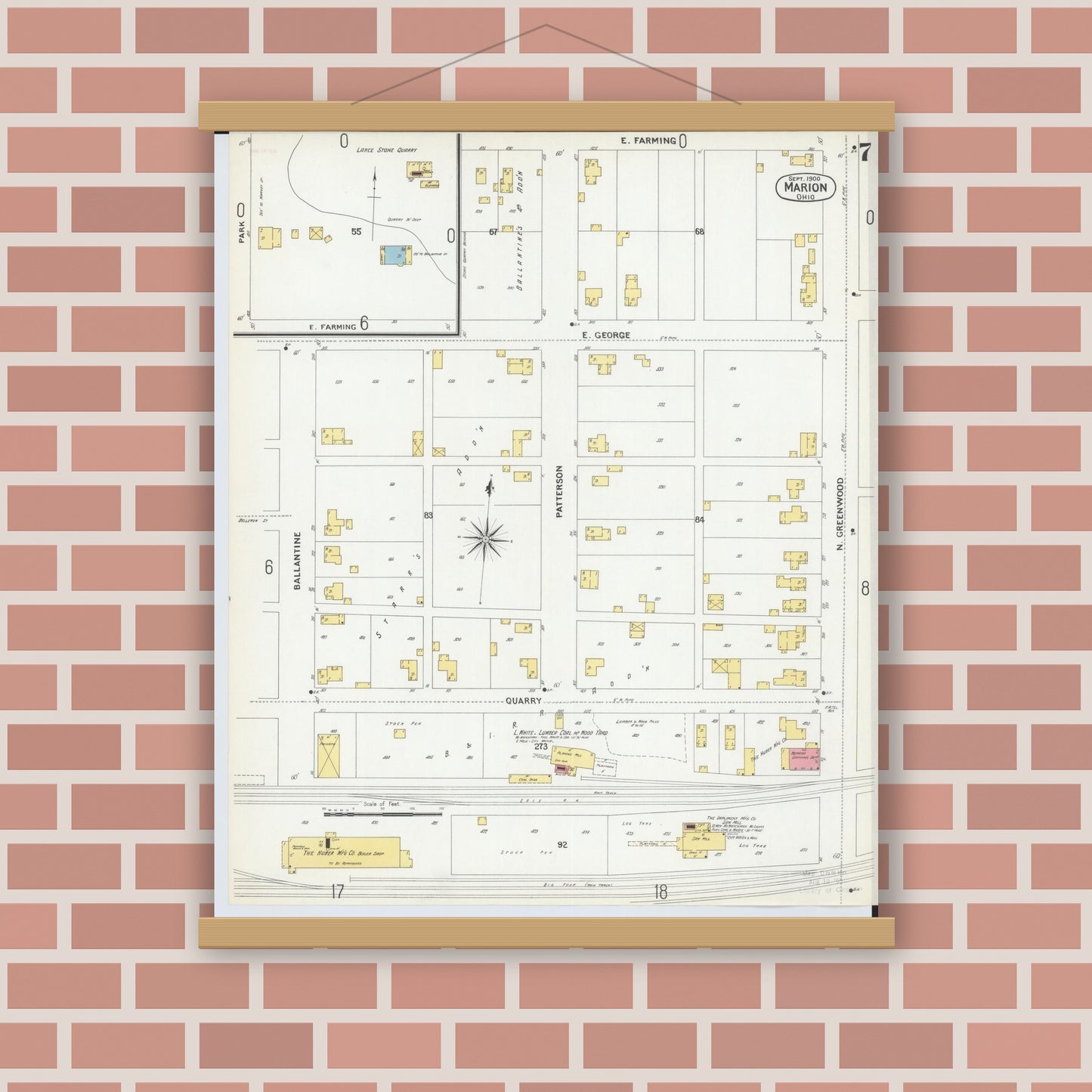 Old map wall art mockup — magnetic wood frame on brick wall — Sanborn Fire Insurance Map from Marion, Marion County, Ohio (1900), Sheet #0007