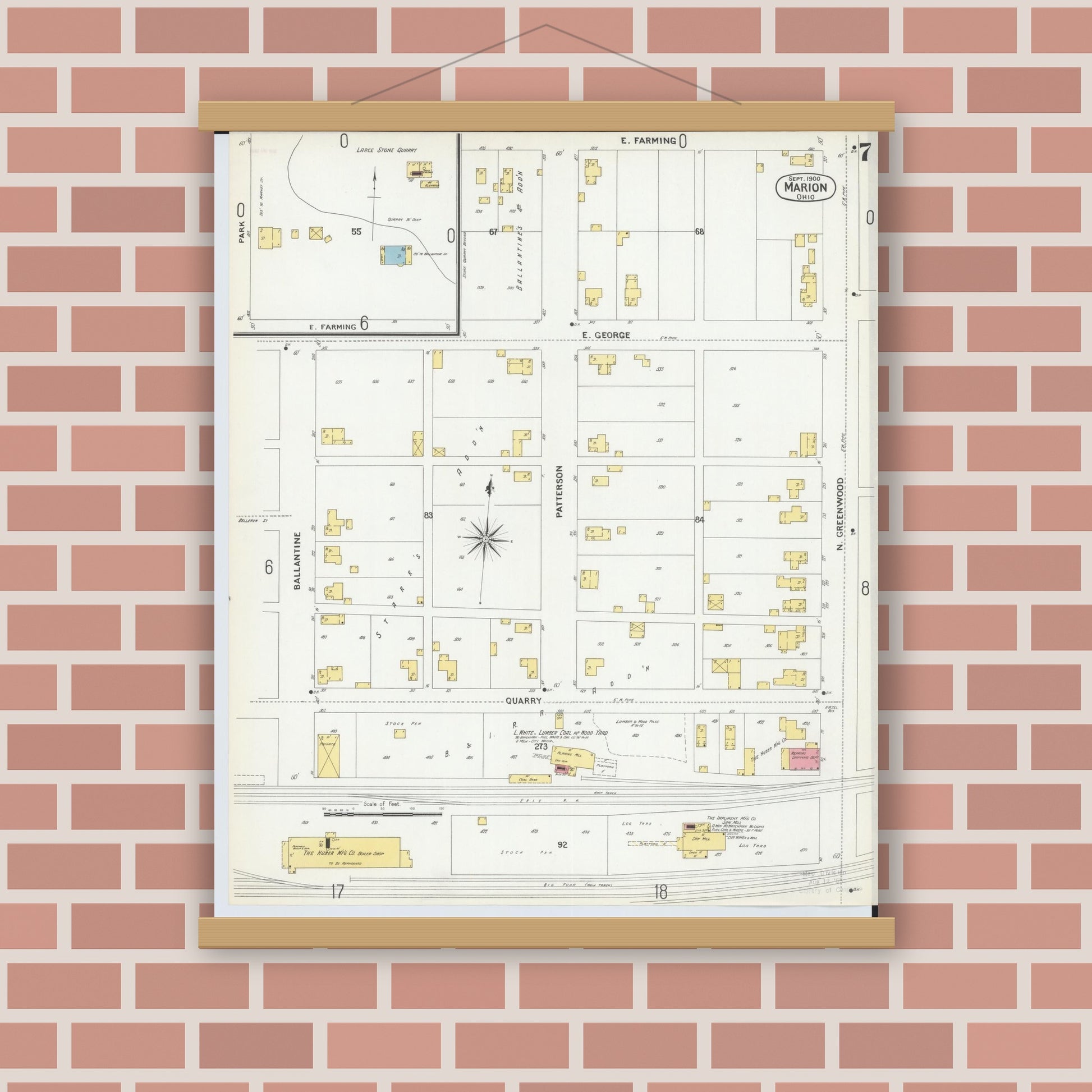 Old map wall art mockup — magnetic wood frame on brick wall — Sanborn Fire Insurance Map from Marion, Marion County, Ohio (1900), Sheet #0007