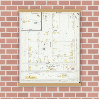 Old map wall art mockup — magnetic wood frame on brick wall — Sanborn Fire Insurance Map from Marion, Marion County, Ohio (1900), Sheet #0007
