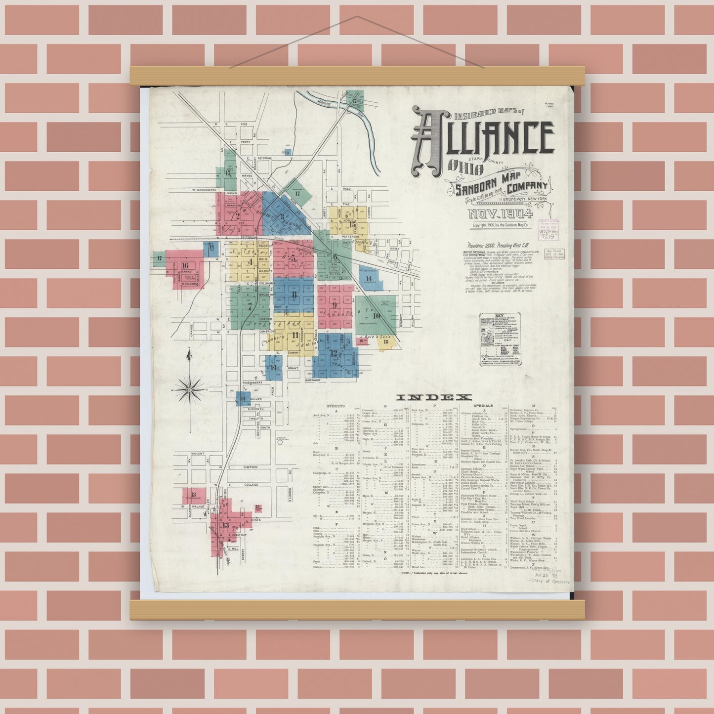 Old map wall art mockup — magnetic wood frame on brick wall — Sanborn Fire Insurance Map from Alliance, Stark County, Ohio (1904), Sheet #0001