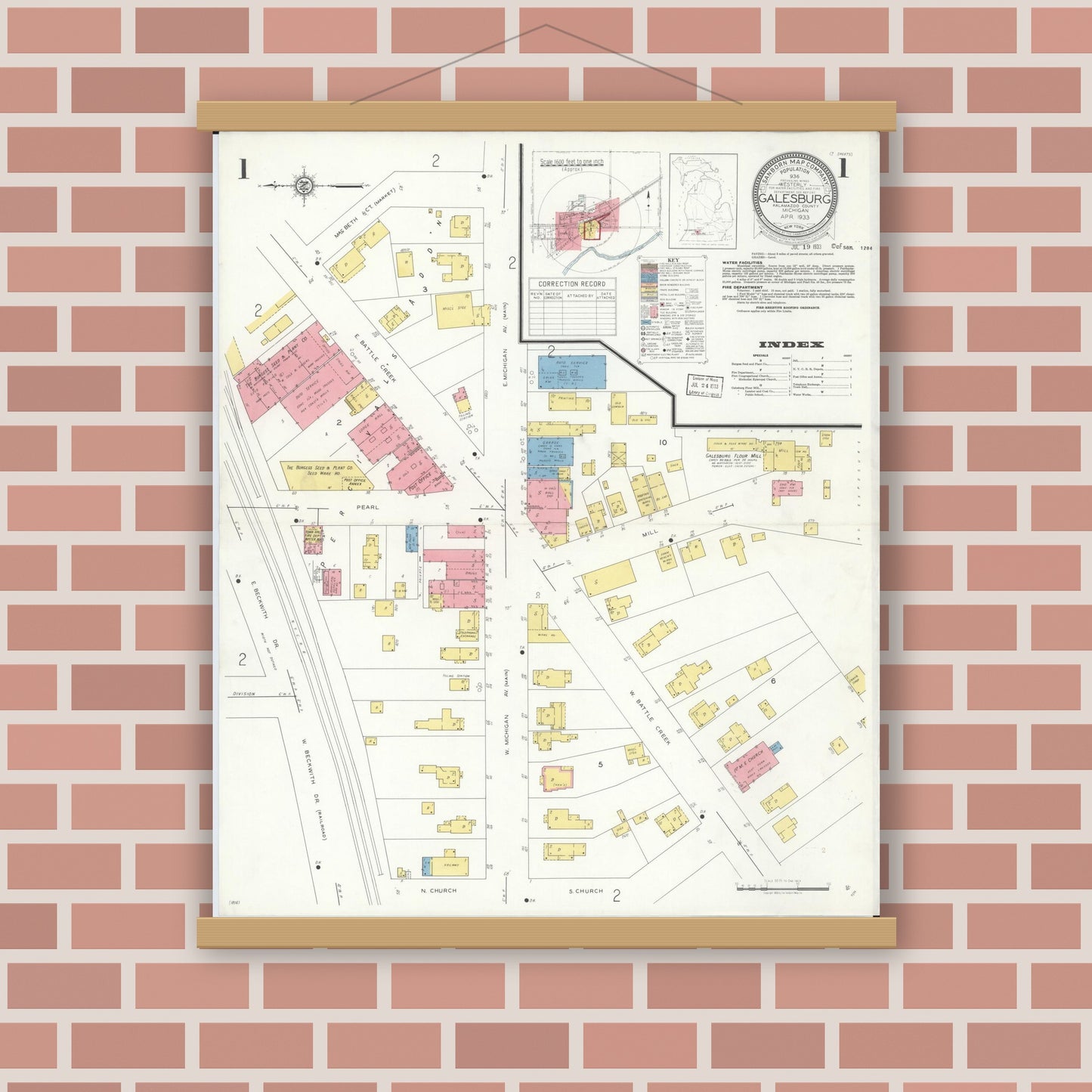 Old map wall art mockup — magnetic wood frame on brick wall — Sanborn Fire Insurance Map from Galesburg, Kalamazoo County, Michigan (1933) - Complete Map Set