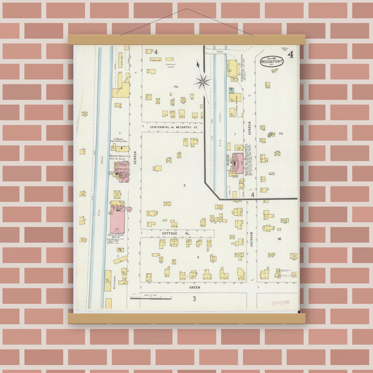 Old map wall art mockup — magnetic wood frame on brick wall — Sanborn Fire Insurance Map from Weedsport, Cayuga County, New York (1896), Sheet #0004