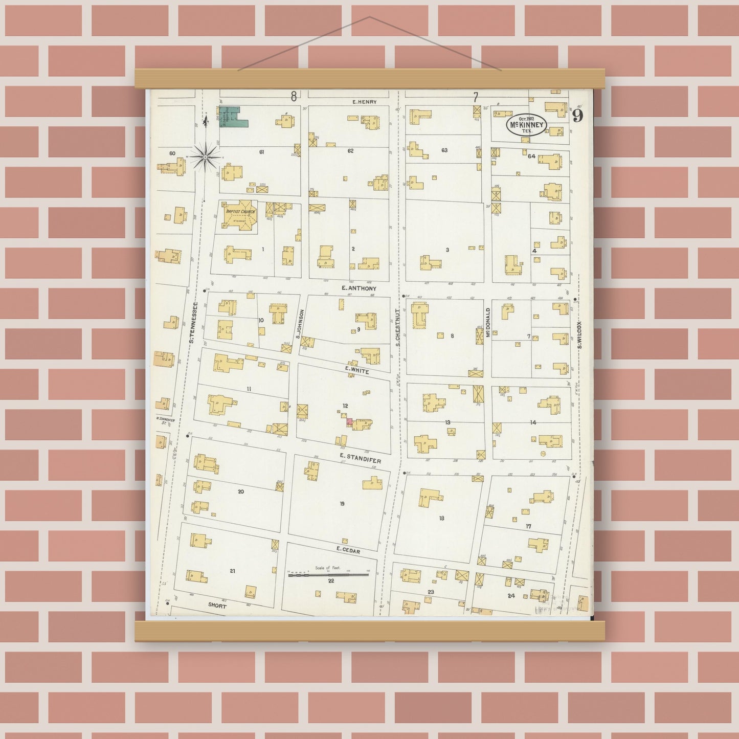 Old map wall art mockup — magnetic wood frame on brick wall — Sanborn Fire Insurance Map from McKinney, Collin County, Texas (1902), Sheet #0009