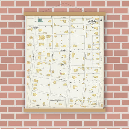 Old map wall art mockup — magnetic wood frame on brick wall — Sanborn Fire Insurance Map from McKinney, Collin County, Texas (1902), Sheet #0009