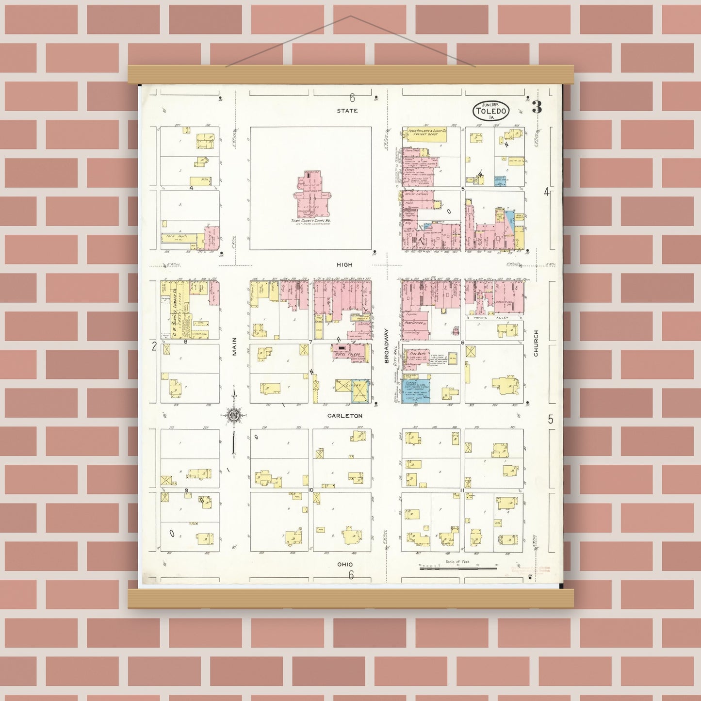Old map wall art mockup — magnetic wood frame on brick wall — Sanborn Fire Insurance Map from Toledo, Tama County, Iowa (1915), Sheet #0003