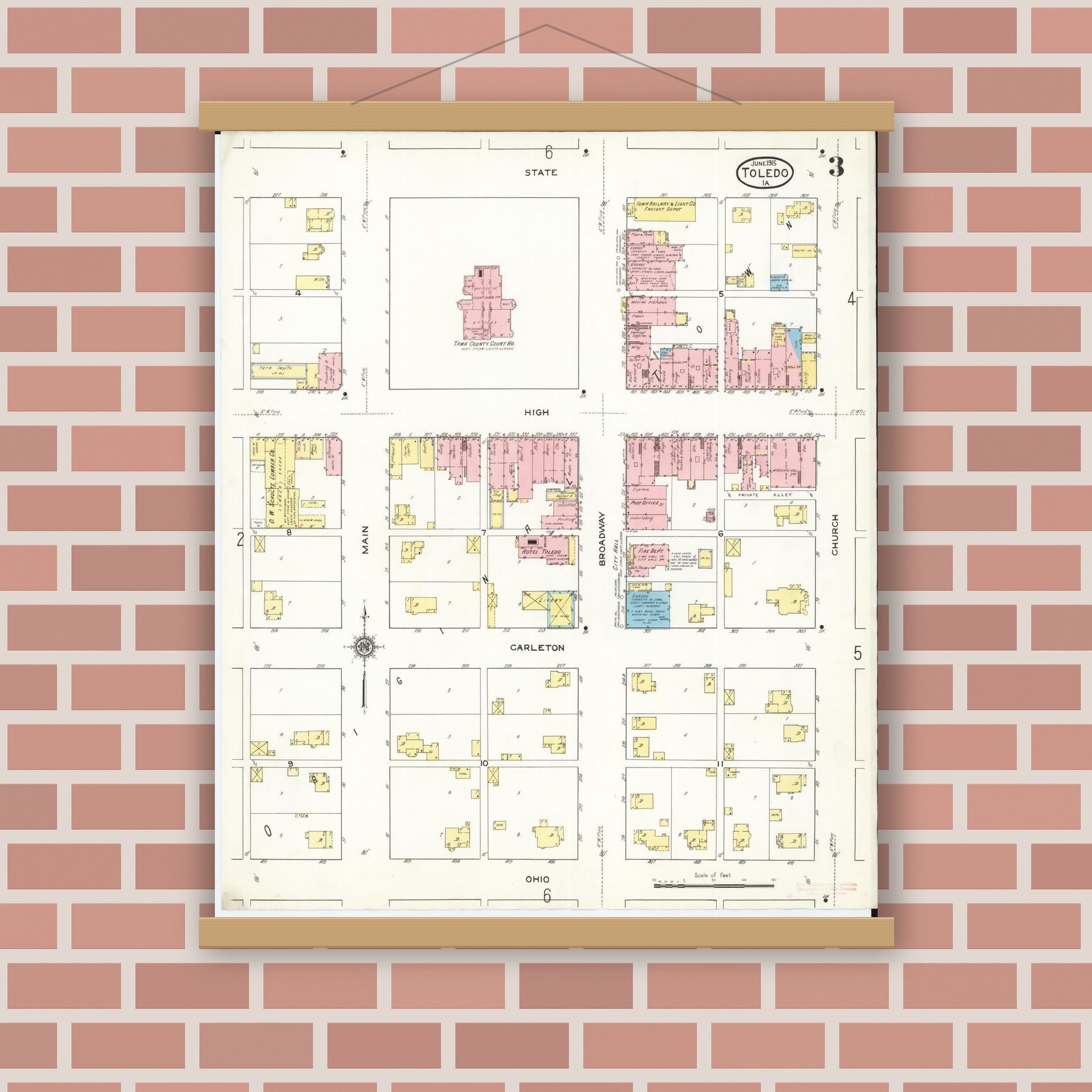 Old map wall art mockup — magnetic wood frame on brick wall — Sanborn Fire Insurance Map from Toledo, Tama County, Iowa (1915), Sheet #0003