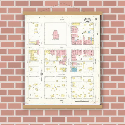 Old map wall art mockup — magnetic wood frame on brick wall — Sanborn Fire Insurance Map from Toledo, Tama County, Iowa (1915), Sheet #0003