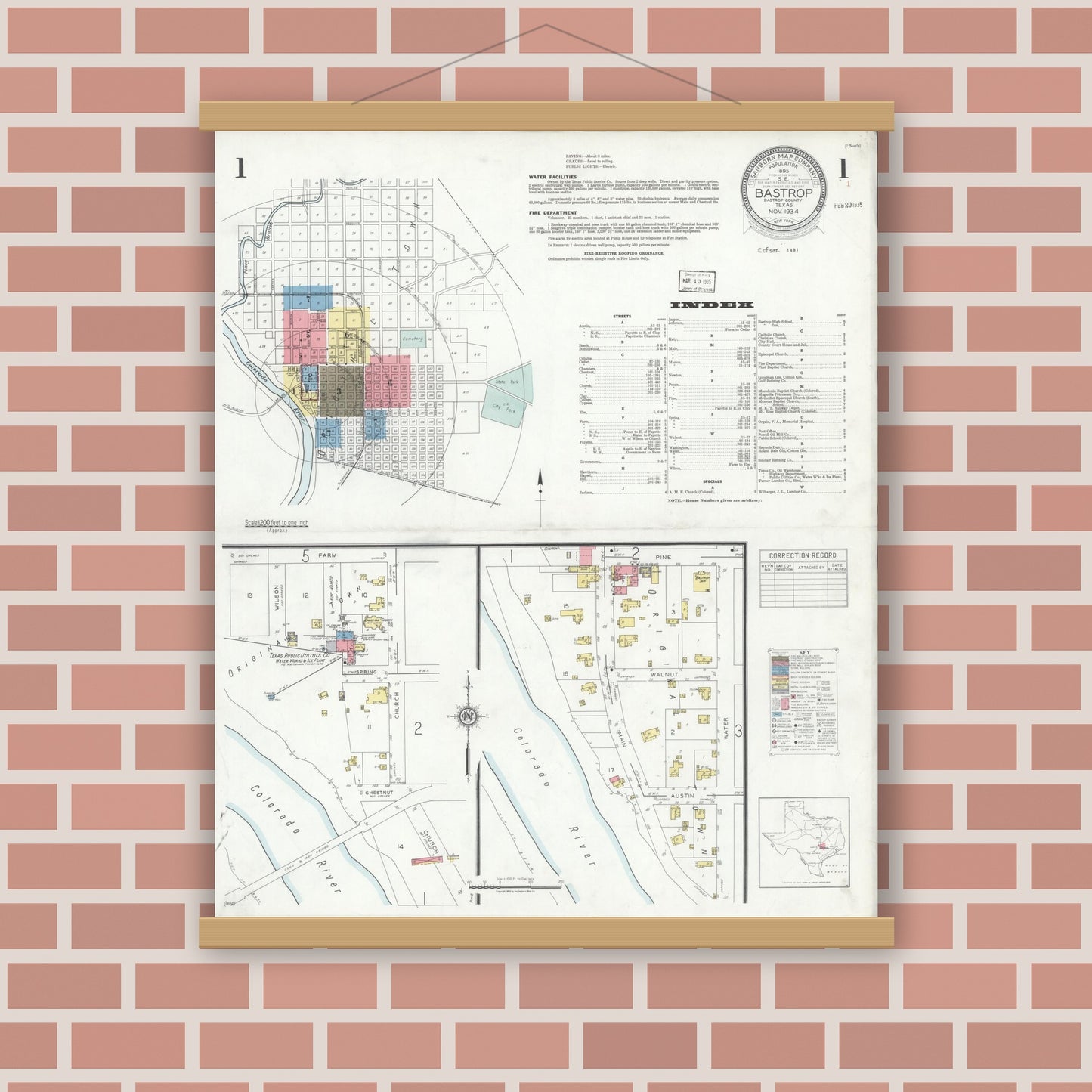 Old map wall art mockup — magnetic wood frame on brick wall — Sanborn Fire Insurance Map from Bastrop, Bastrop County, Texas (1934), Sheet #0001