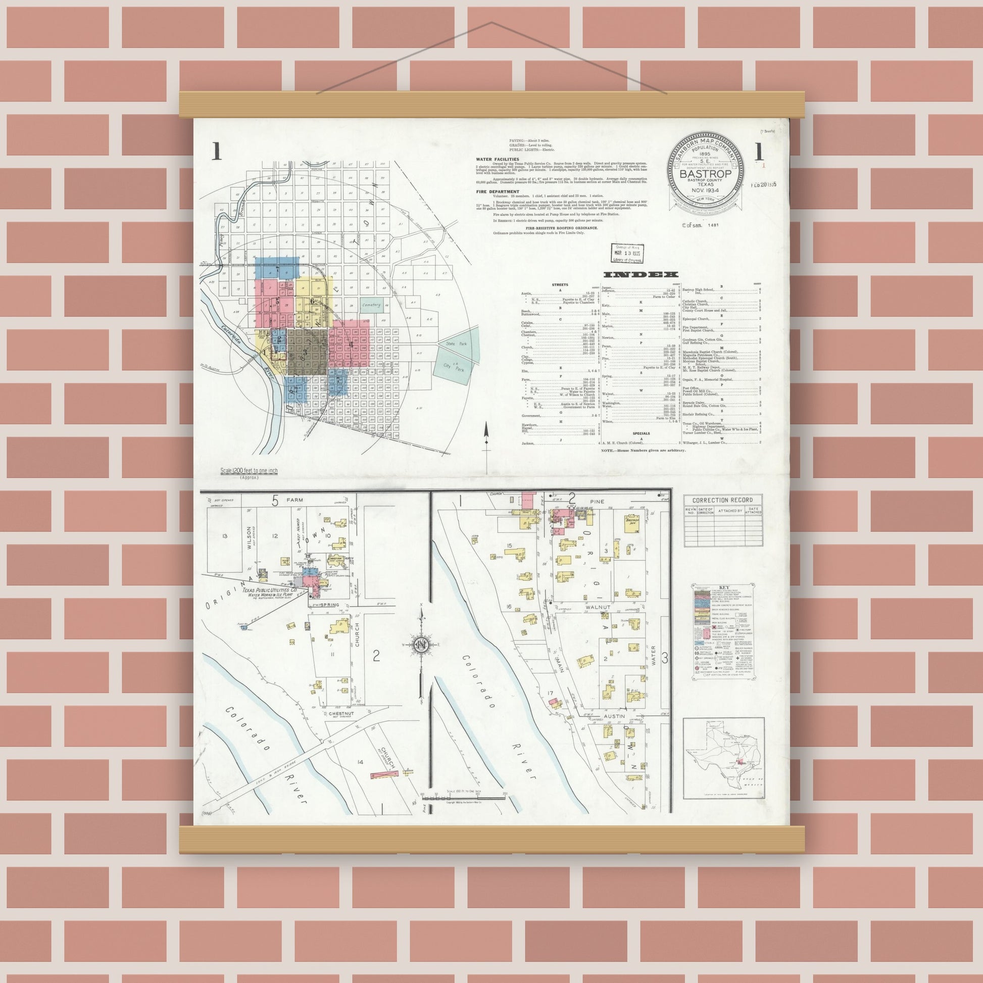Old map wall art mockup — magnetic wood frame on brick wall — Sanborn Fire Insurance Map from Bastrop, Bastrop County, Texas (1934), Sheet #0001