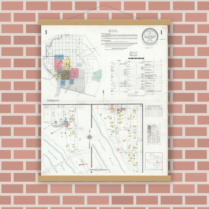 Old map wall art mockup — magnetic wood frame on brick wall — Sanborn Fire Insurance Map from Bastrop, Bastrop County, Texas (1934), Sheet #0001
