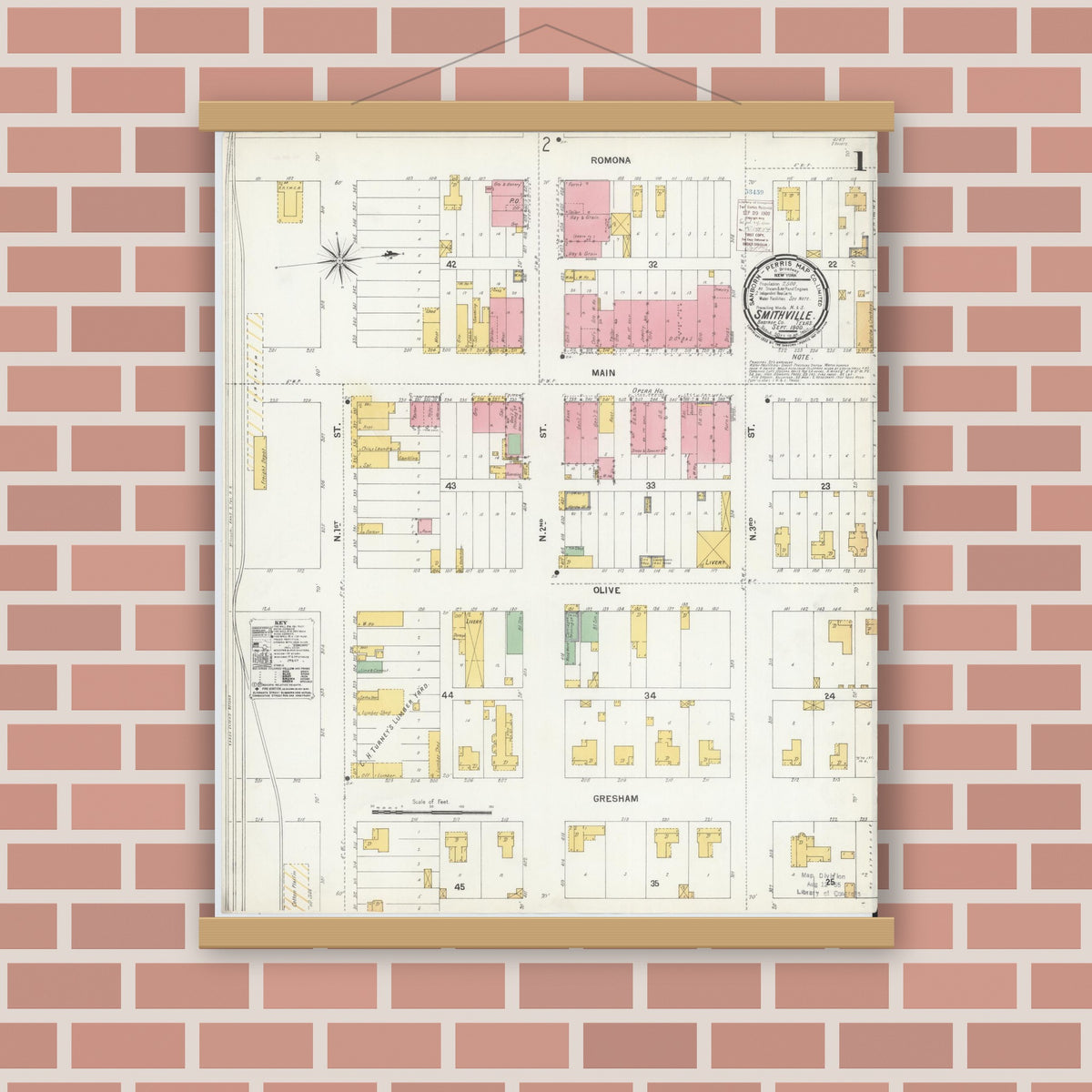 Old map wall art mockup — magnetic wood frame on brick wall — Sanborn Fire Insurance Map from Smithville, Bastrop County, Texas (1900) - Complete Map Set
