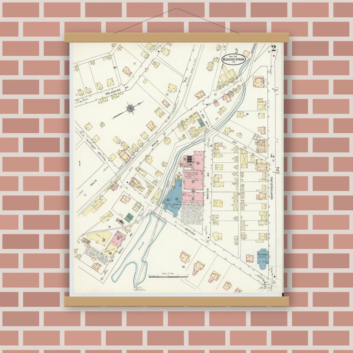 Old map wall art mockup — magnetic wood frame on brick wall — Sanborn Fire Insurance Map from Roaring Spring, Blair County, Pennsylvania (1910), Sheet #0002