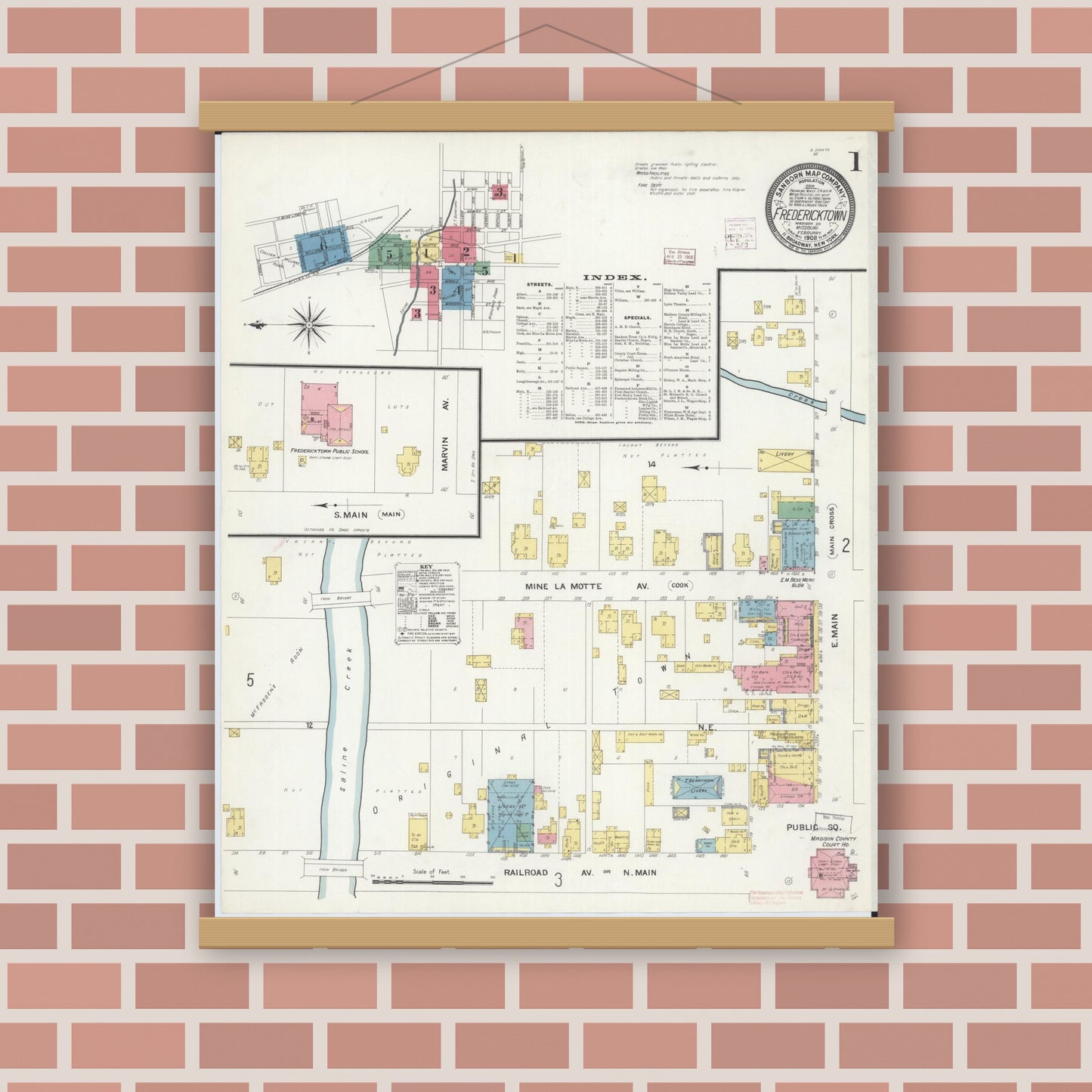 Old map wall art mockup — magnetic wood frame on brick wall — Sanborn Fire Insurance Map from Fredericktown, Madison County, Missouri (1908), Sheet #0001