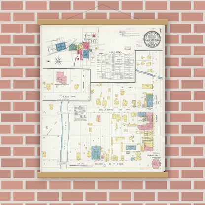 Old map wall art mockup — magnetic wood frame on brick wall — Sanborn Fire Insurance Map from Fredericktown, Madison County, Missouri (1908), Sheet #0001
