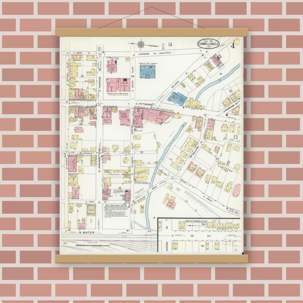 Old map wall art mockup — magnetic wood frame on brick wall — Sanborn Fire Insurance Map from Connellsville, Fayette County, Pennsylvania (1914), Sheet #0004