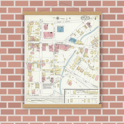 Old map wall art mockup — magnetic wood frame on brick wall — Sanborn Fire Insurance Map from Connellsville, Fayette County, Pennsylvania (1914), Sheet #0004