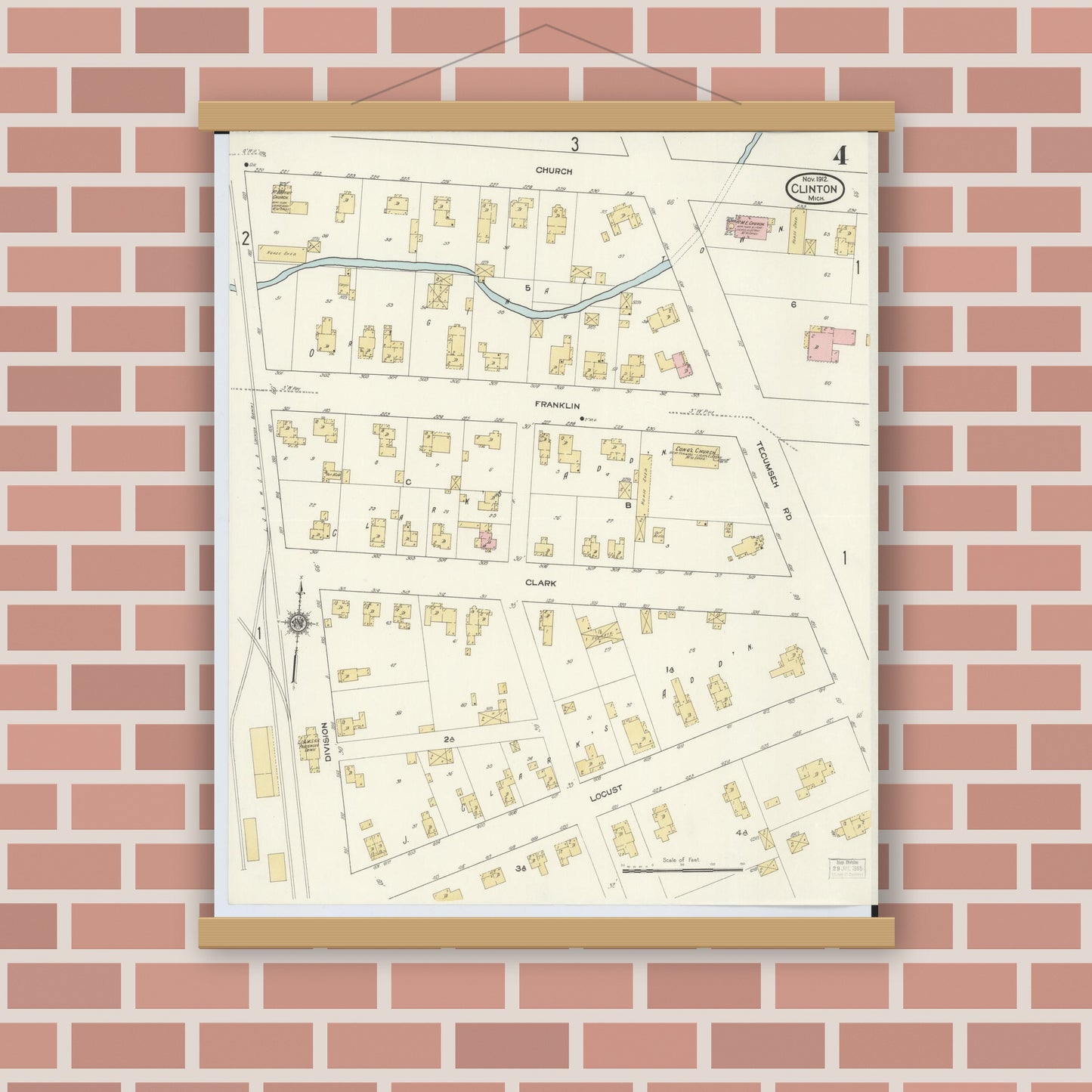 Old map wall art mockup — magnetic wood frame on brick wall — Sanborn Fire Insurance Map from Clinton, Lenawee County, Michigan (1912), Sheet #0004