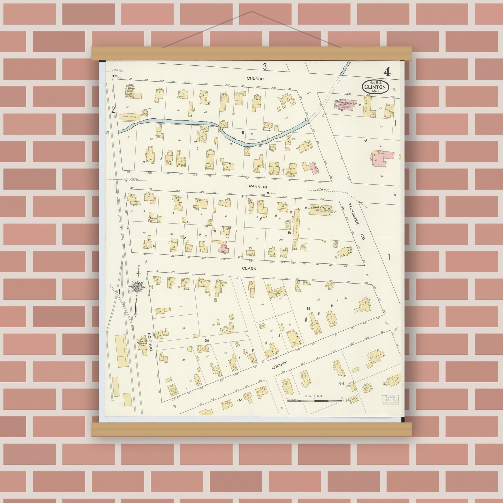 Old map wall art mockup — magnetic wood frame on brick wall — Sanborn Fire Insurance Map from Clinton, Lenawee County, Michigan (1912), Sheet #0004