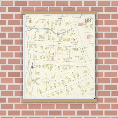 Old map wall art mockup — magnetic wood frame on brick wall — Sanborn Fire Insurance Map from Clinton, Lenawee County, Michigan (1912), Sheet #0004