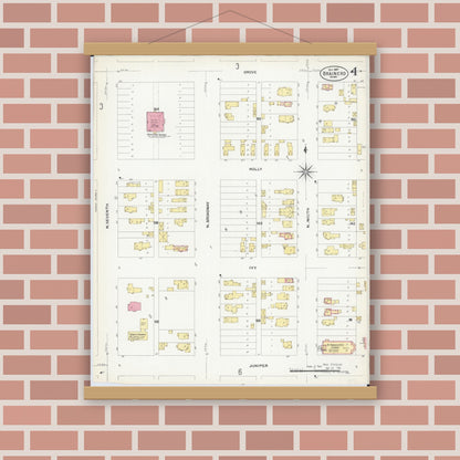 Old map wall art mockup — magnetic wood frame on brick wall — Sanborn Fire Insurance Map from Brainerd, Crow Wing County, Minnesota (1907), Sheet #0004