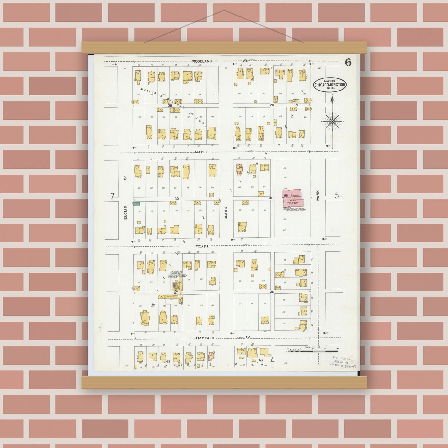 Old map wall art mockup — magnetic wood frame on brick wall — Sanborn Fire Insurance Map from Chicago Junction, Huron County, Ohio (1904), Sheet #0006