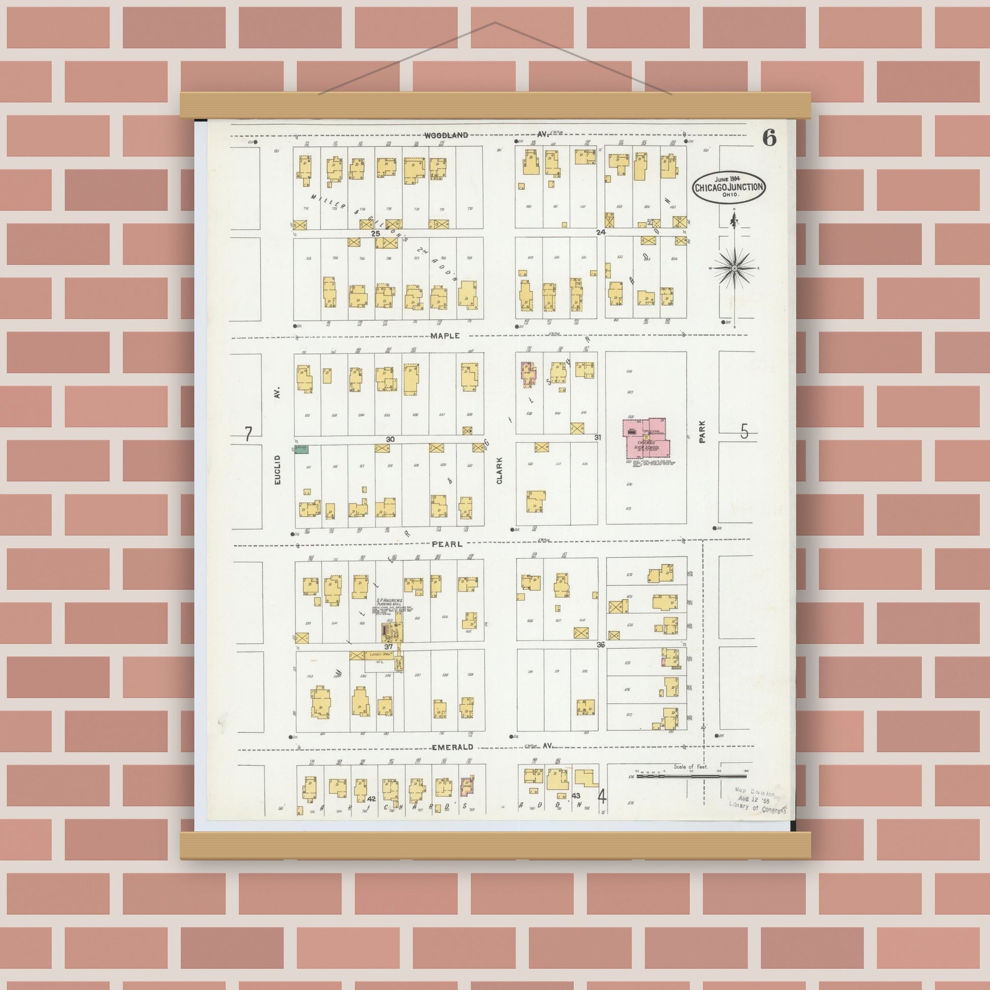 Old map wall art mockup — magnetic wood frame on brick wall — Sanborn Fire Insurance Map from Chicago Junction, Huron County, Ohio (1904), Sheet #0006
