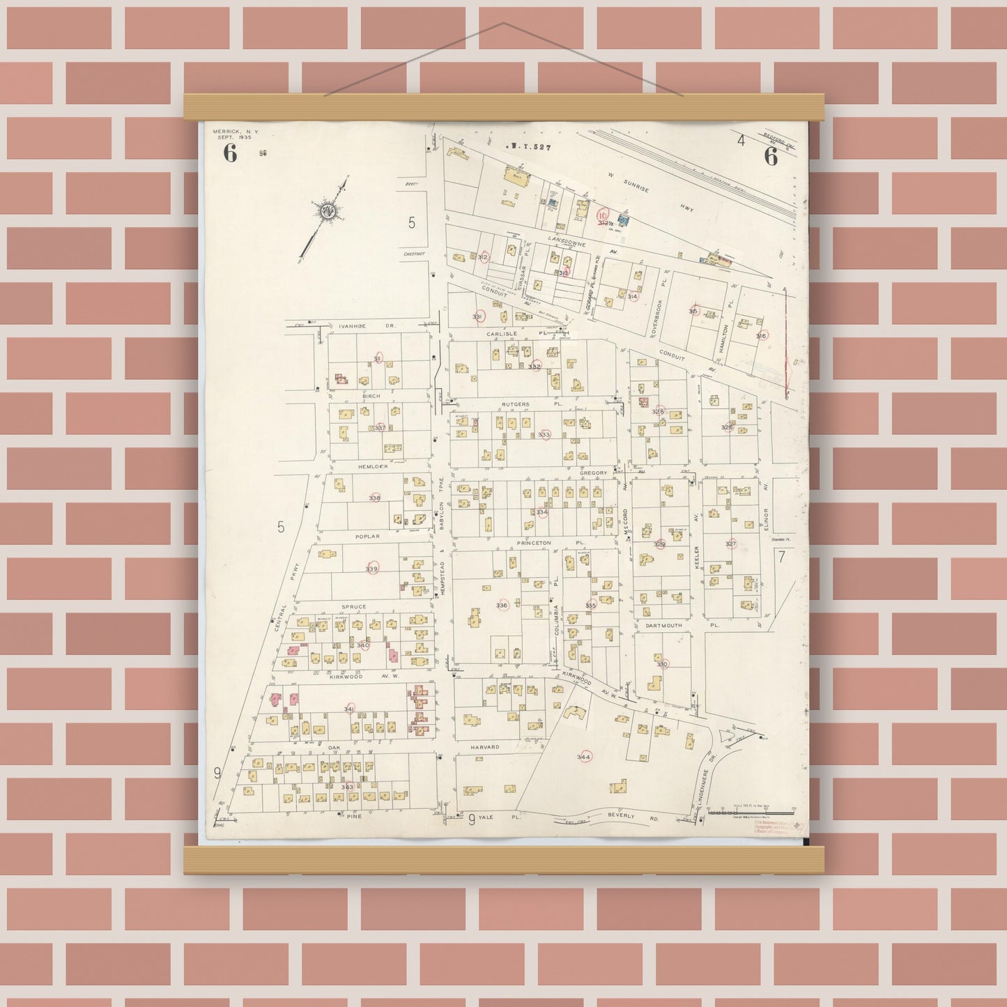 Old map wall art mockup — magnetic wood frame on brick wall — Sanborn Fire Insurance Map from Merrick, Nassau County, New York (1947), Sheet #0006