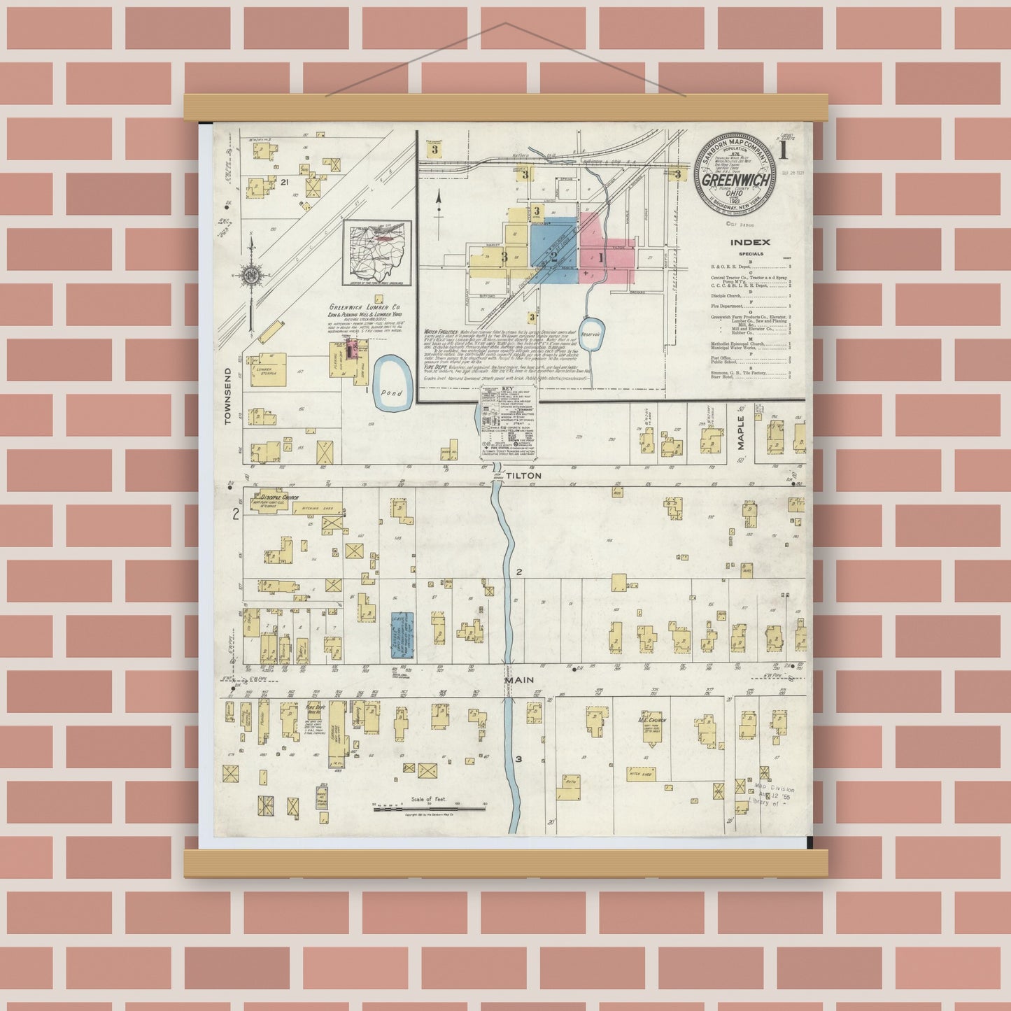 Old map wall art mockup — magnetic wood frame on brick wall — Sanborn Fire Insurance Map from Greenwich, Huron County, Ohio (1921) - Complete Map Set