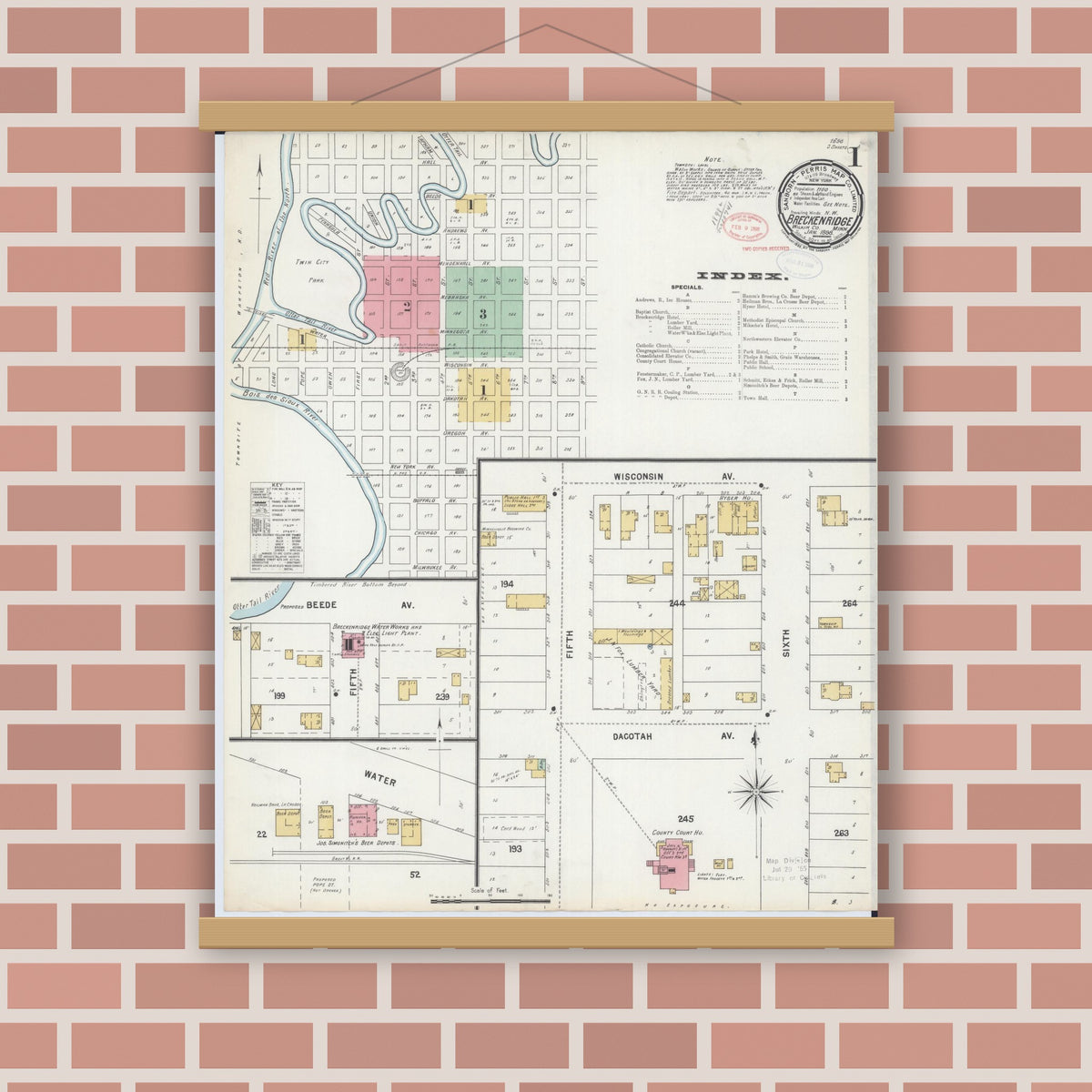 Old map wall art mockup — magnetic wood frame on brick wall — Sanborn Fire Insurance Map from Breckenridge, Wilkin County, Minnesota (1898) - Complete Map Set
