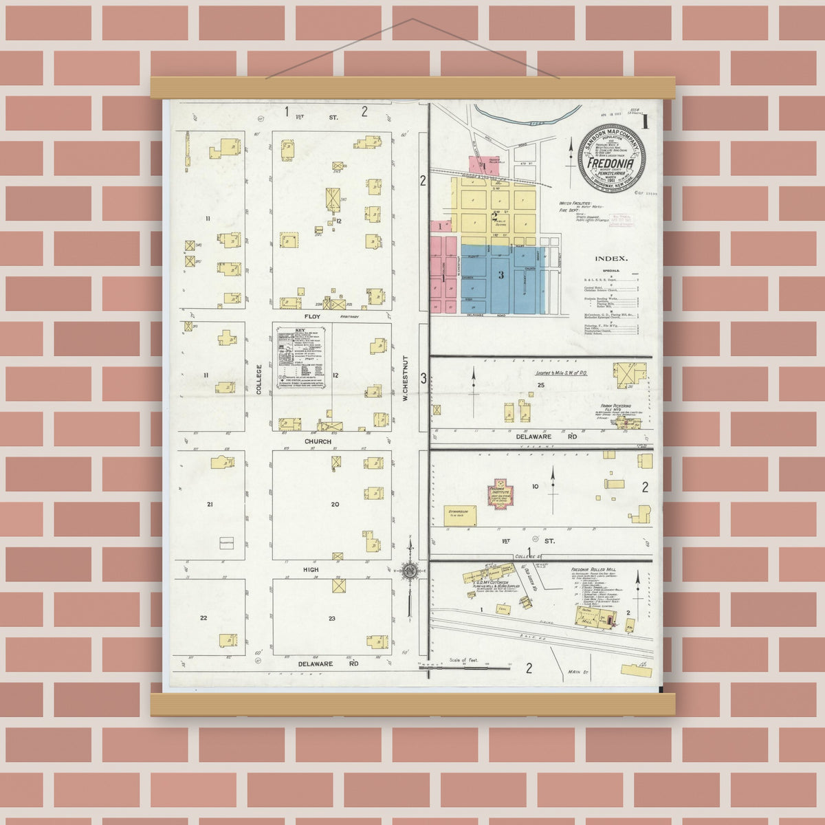 Old map wall art mockup — magnetic wood frame on brick wall — Sanborn Fire Insurance Map from Fredonia, Mercer County, Pennsylvania (1911) - Complete Map Set