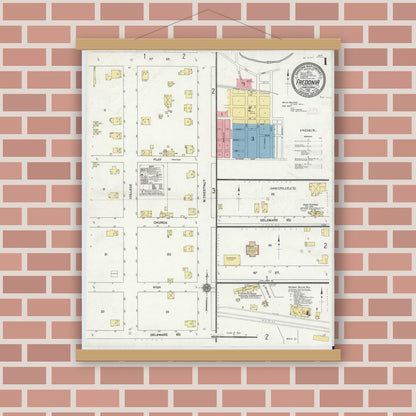 Old map wall art mockup — magnetic wood frame on brick wall — Sanborn Fire Insurance Map from Fredonia, Mercer County, Pennsylvania (1911) - Complete Map Set