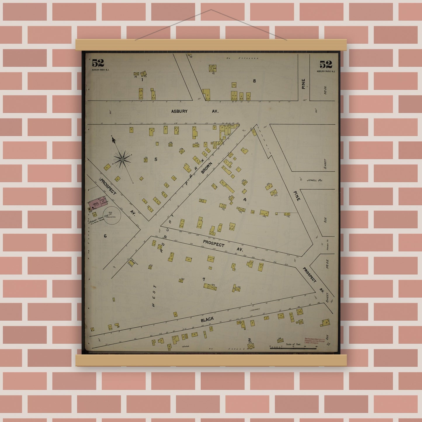 Old map wall art mockup — magnetic wood frame on brick wall — Sanborn Fire Insurance Map from New Jersey Coast, New Jersey Coast, New Jersey (1890), Sheet #0052