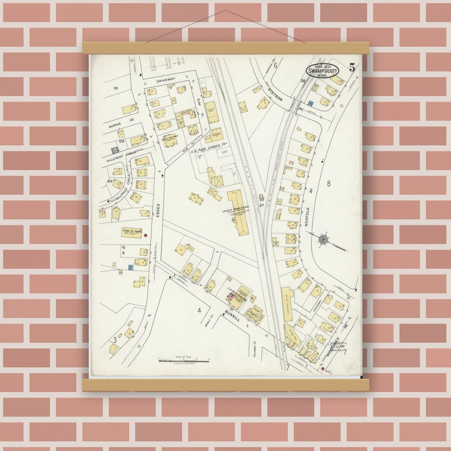 Old map wall art mockup — magnetic wood frame on brick wall — Sanborn Fire Insurance Map from Swampscott, Essex County, Massachusetts (1920), Sheet #0005