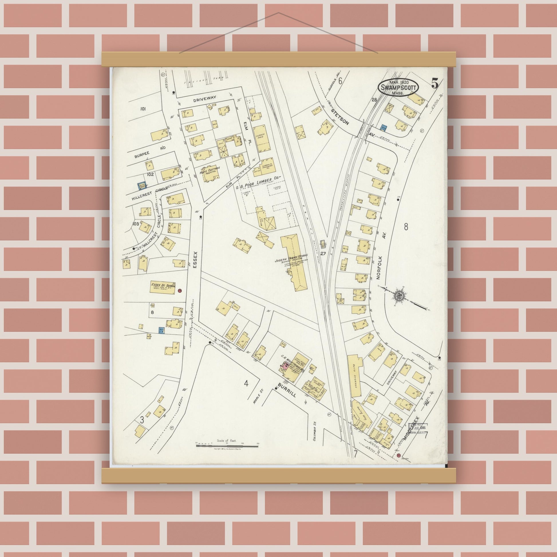 Old map wall art mockup — magnetic wood frame on brick wall — Sanborn Fire Insurance Map from Swampscott, Essex County, Massachusetts (1920), Sheet #0005