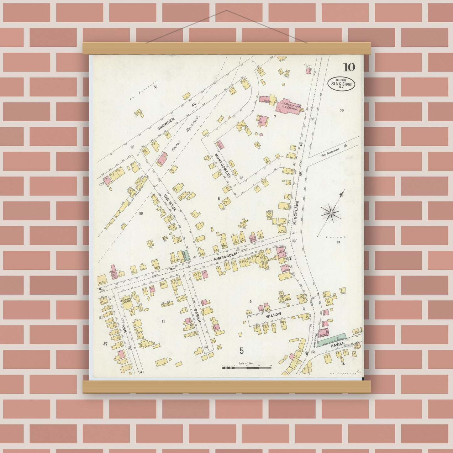 Old map wall art mockup — magnetic wood frame on brick wall — Sanborn Fire Insurance Map from Sing Sing, Westchester County, New York (1897), Sheet #0010