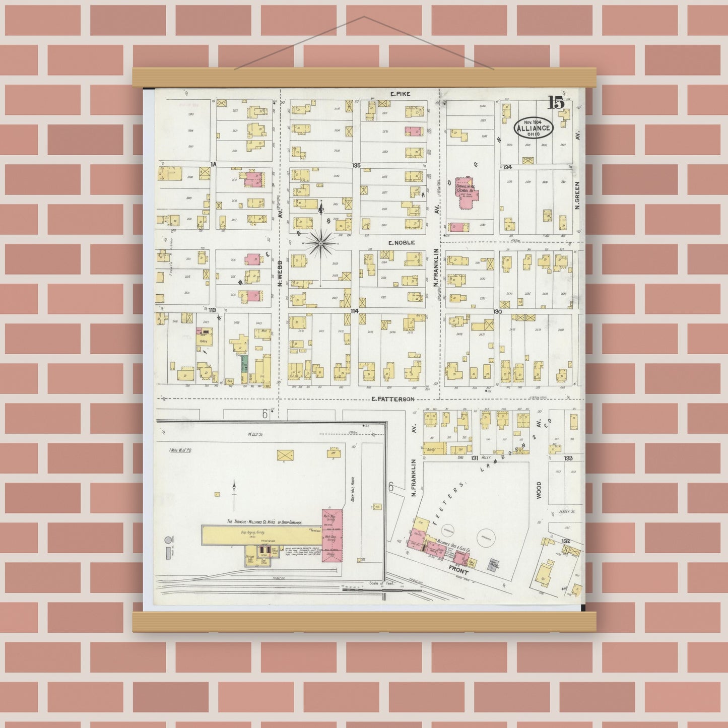 Old map wall art mockup — magnetic wood frame on brick wall — Sanborn Fire Insurance Map from Alliance, Stark County, Ohio (1904), Sheet #0015