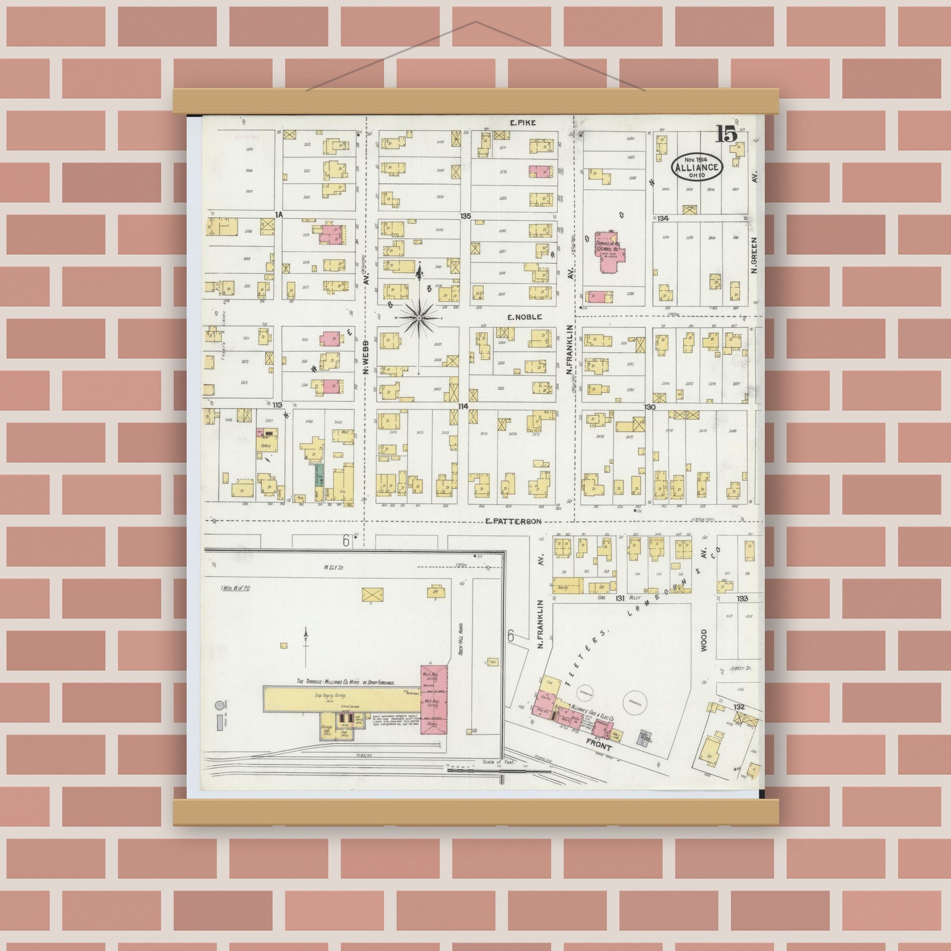 Old map wall art mockup — magnetic wood frame on brick wall — Sanborn Fire Insurance Map from Alliance, Stark County, Ohio (1904), Sheet #0015