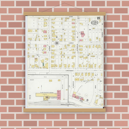 Old map wall art mockup — magnetic wood frame on brick wall — Sanborn Fire Insurance Map from Alliance, Stark County, Ohio (1904), Sheet #0015