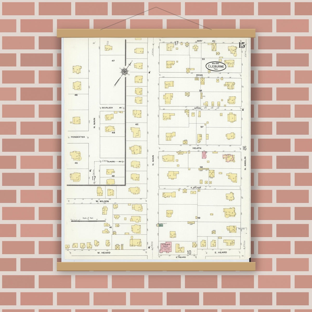 Old map wall art mockup — magnetic wood frame on brick wall — Sanborn Fire Insurance Map from Cleburne, Johnson County, Texas (1910), Sheet #0015