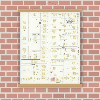 Old map wall art mockup — magnetic wood frame on brick wall — Sanborn Fire Insurance Map from Cleburne, Johnson County, Texas (1910), Sheet #0015