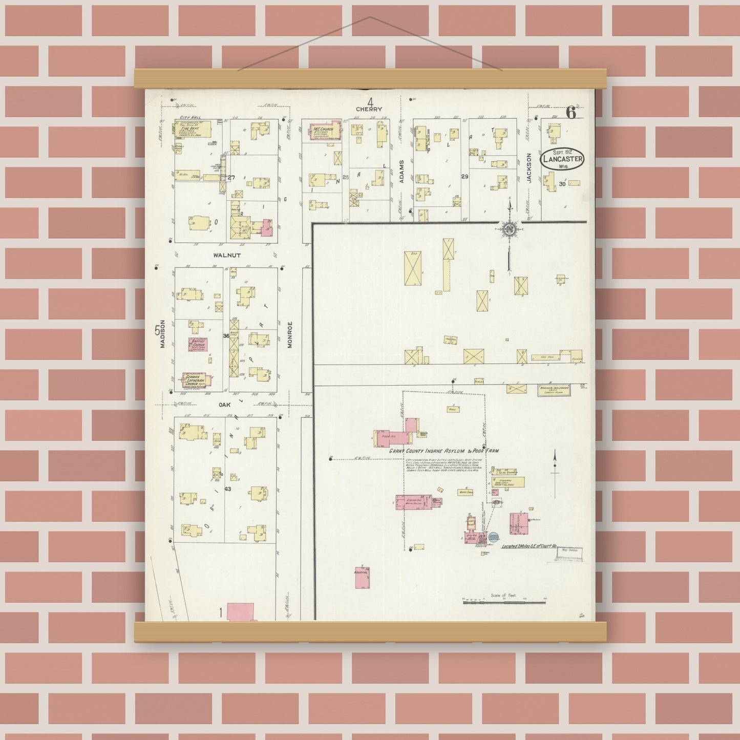 Old map wall art mockup — magnetic wood frame on brick wall — Sanborn Fire Insurance Map from Lancaster, Grant County, Wisconsin (1912), Sheet #0006