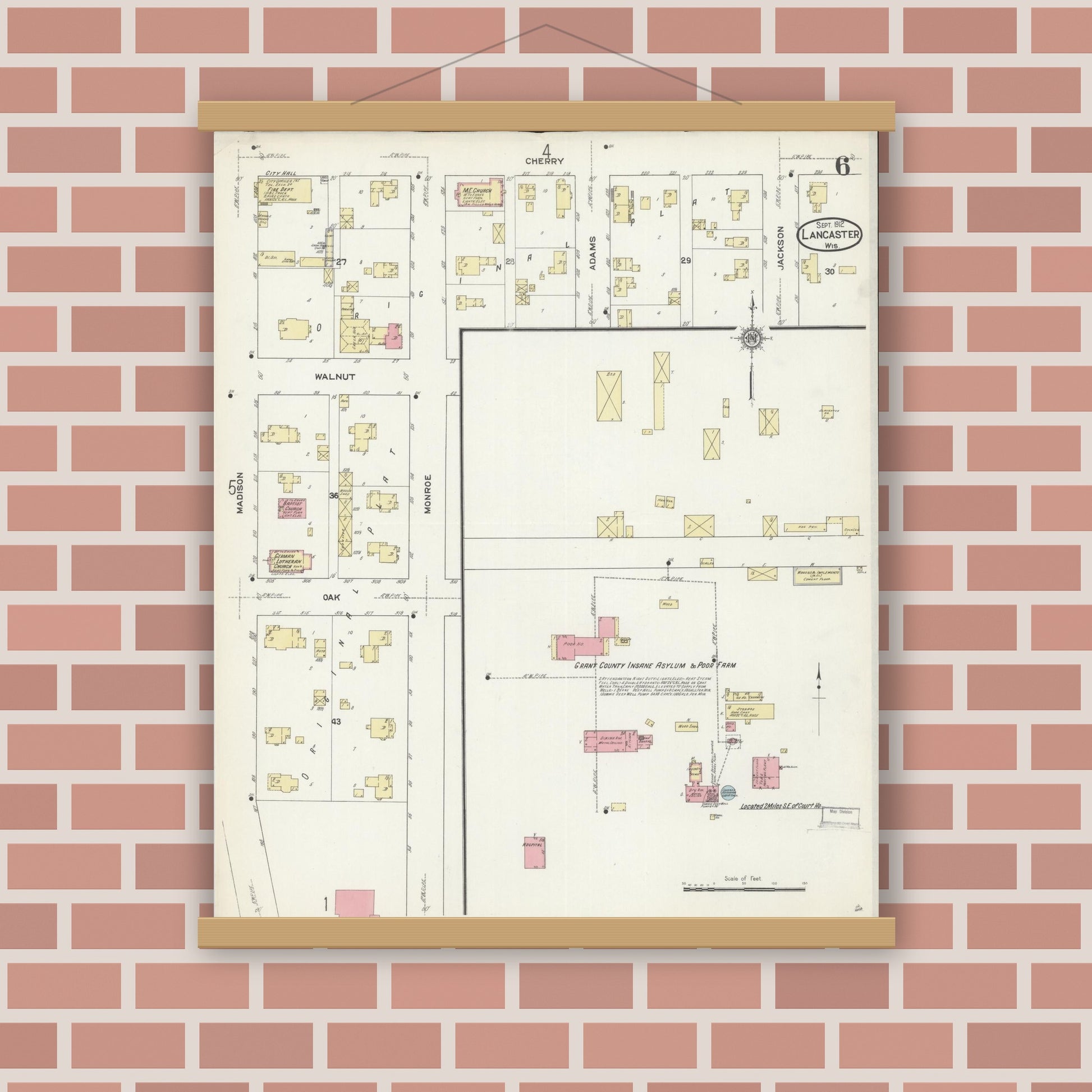Old map wall art mockup — magnetic wood frame on brick wall — Sanborn Fire Insurance Map from Lancaster, Grant County, Wisconsin (1912), Sheet #0006