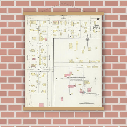 Old map wall art mockup — magnetic wood frame on brick wall — Sanborn Fire Insurance Map from Lancaster, Grant County, Wisconsin (1912), Sheet #0006